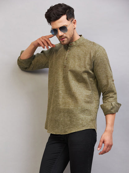 VM BY VASTRAMAY Men's Green Short Cotton Kurta