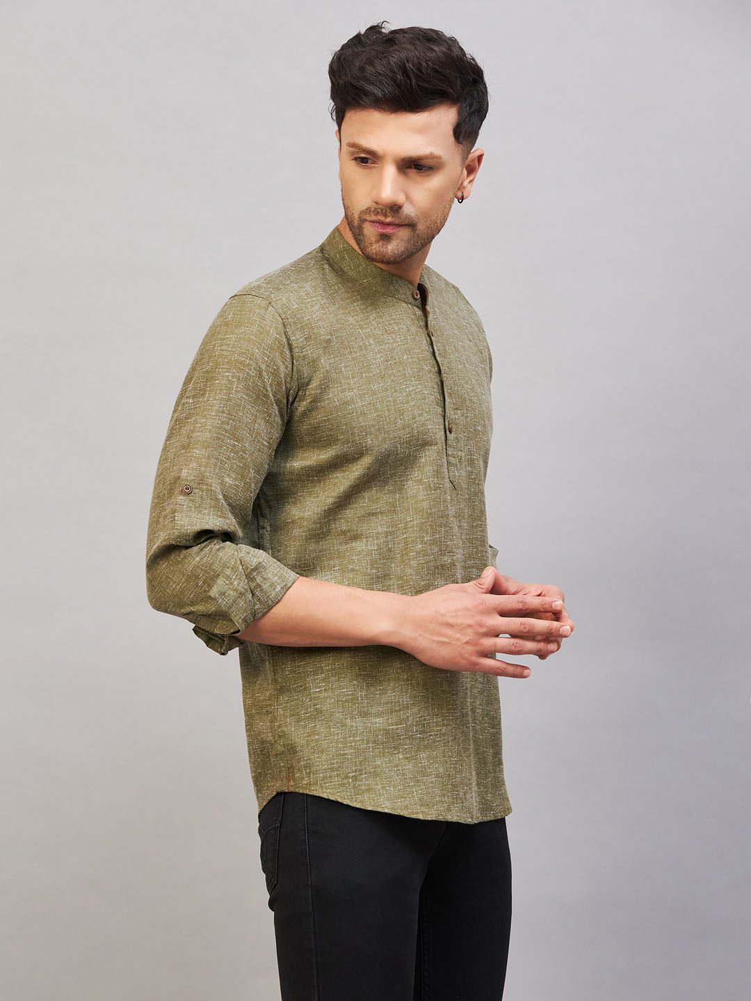 VASTRAMAY Men's Green Short Cotton Kurta