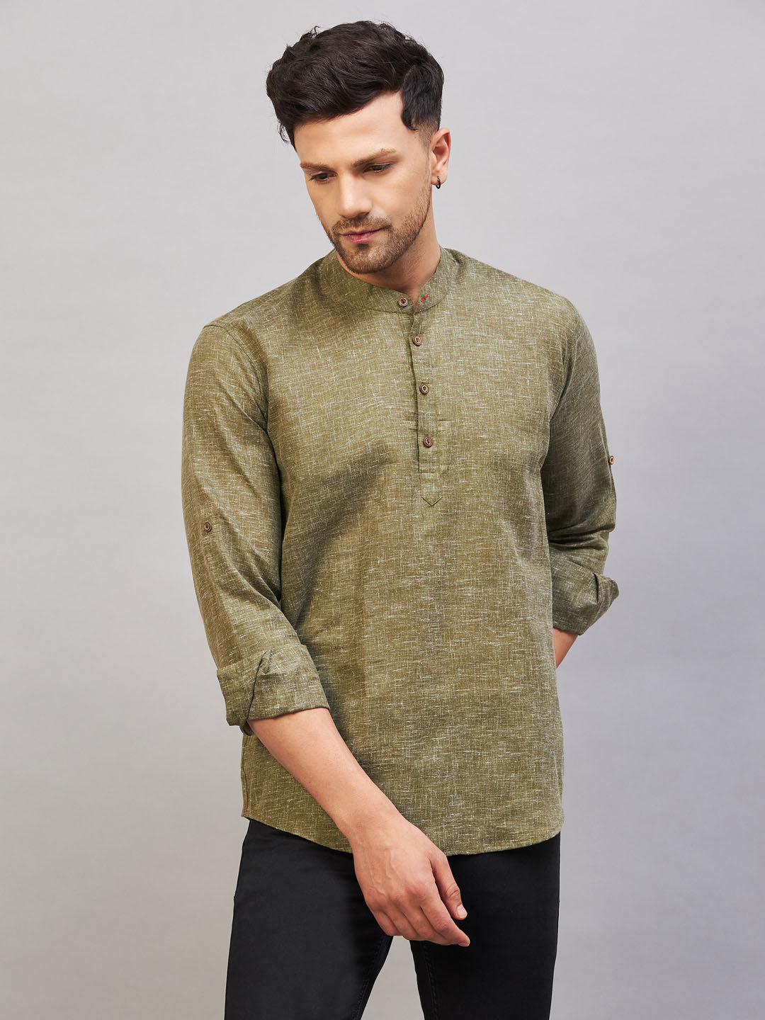 VASTRAMAY Men's Green Short Cotton Kurta