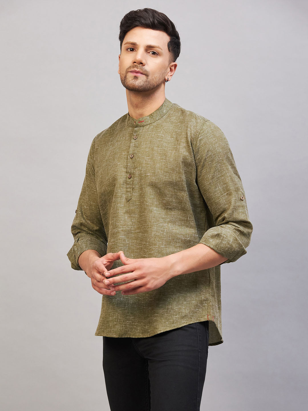 VASTRAMAY Men's Green Short Cotton Kurta