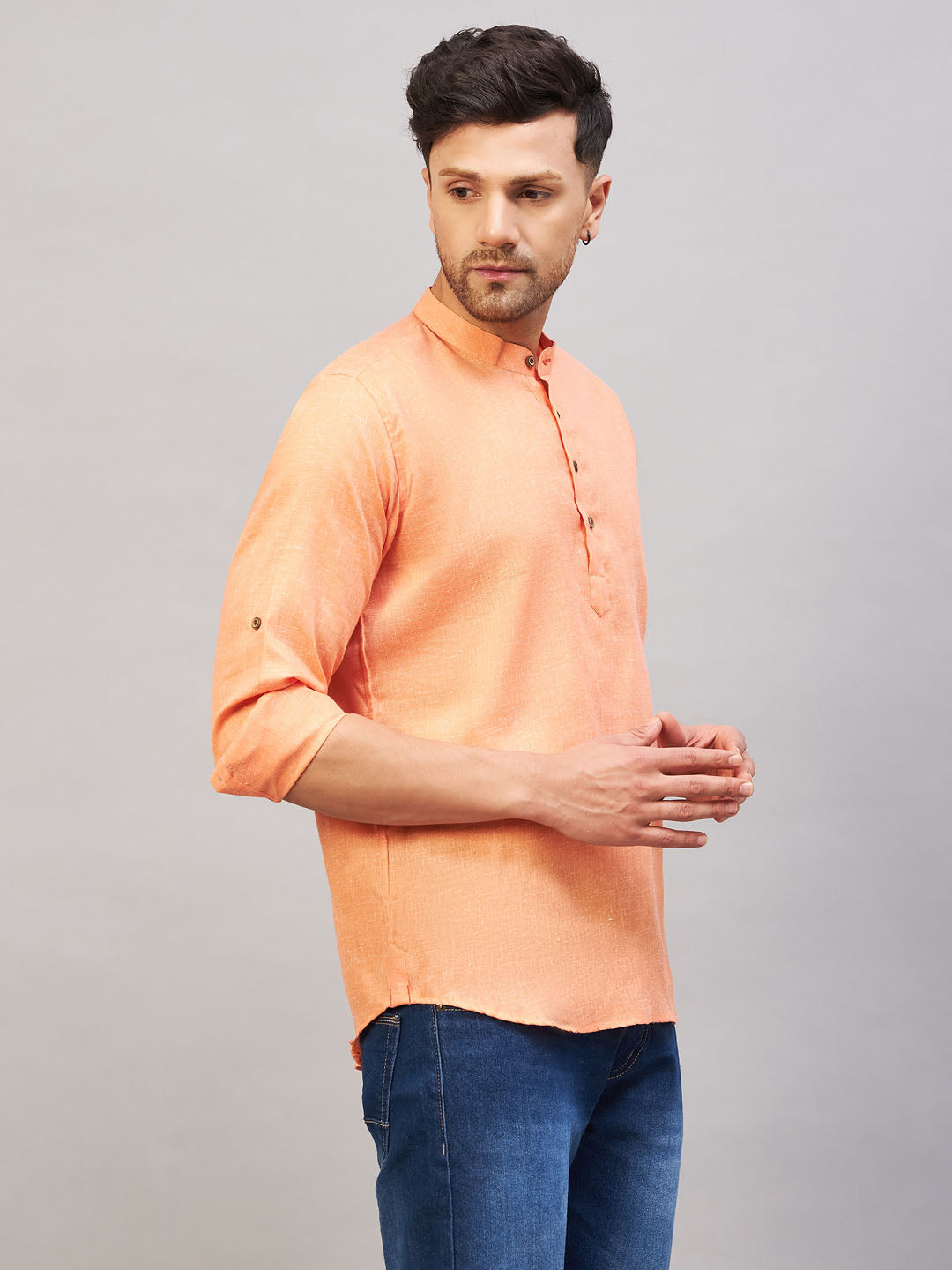 VASTRAMAY Men's Orange Short Cotton Kurta