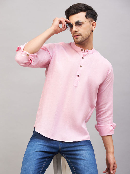 VM BY VASTRAMAY Men's Pink Short Cotton Kurta