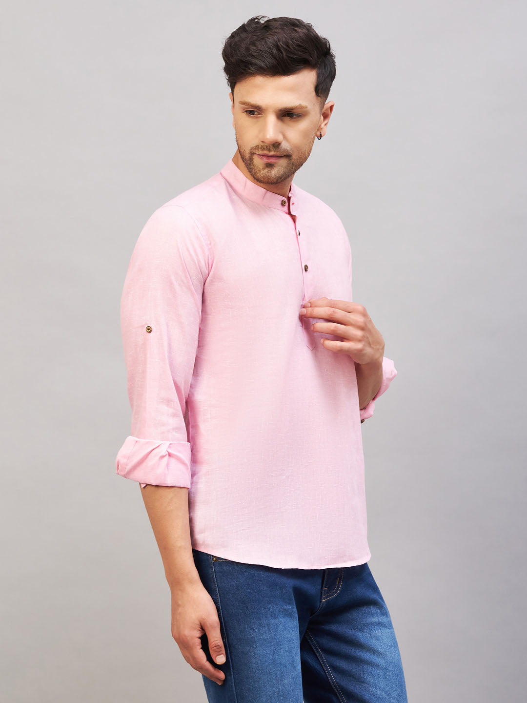 VASTRAMAY Men's Pink Short Cotton Kurta