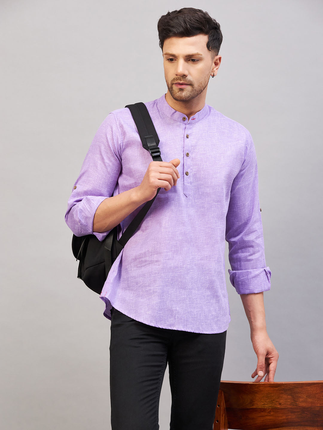 VM BY VASTRAMAY Men's Purple Short Cotton Kurta