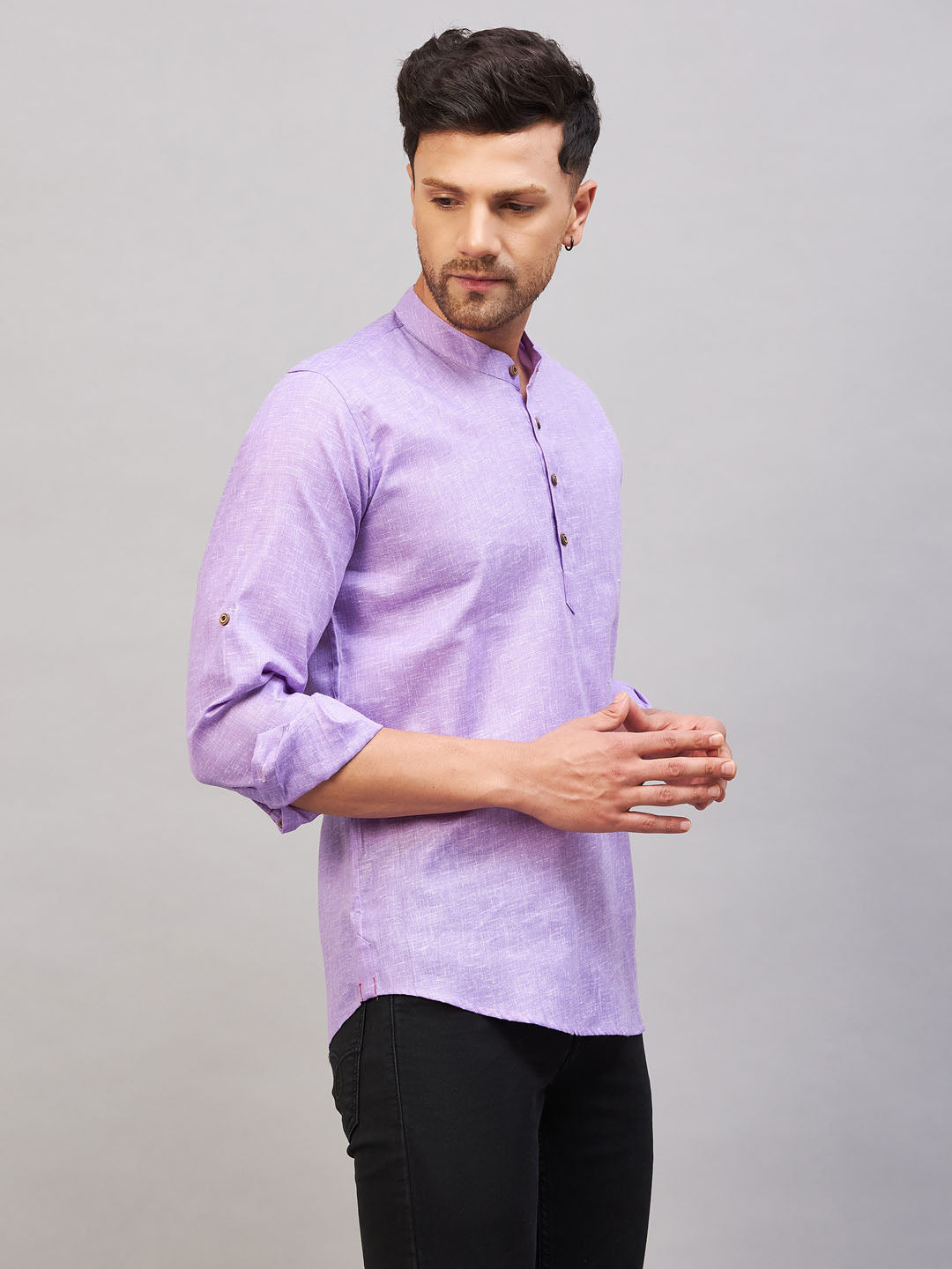 VASTRAMAY Men's Purple Short Cotton Kurta