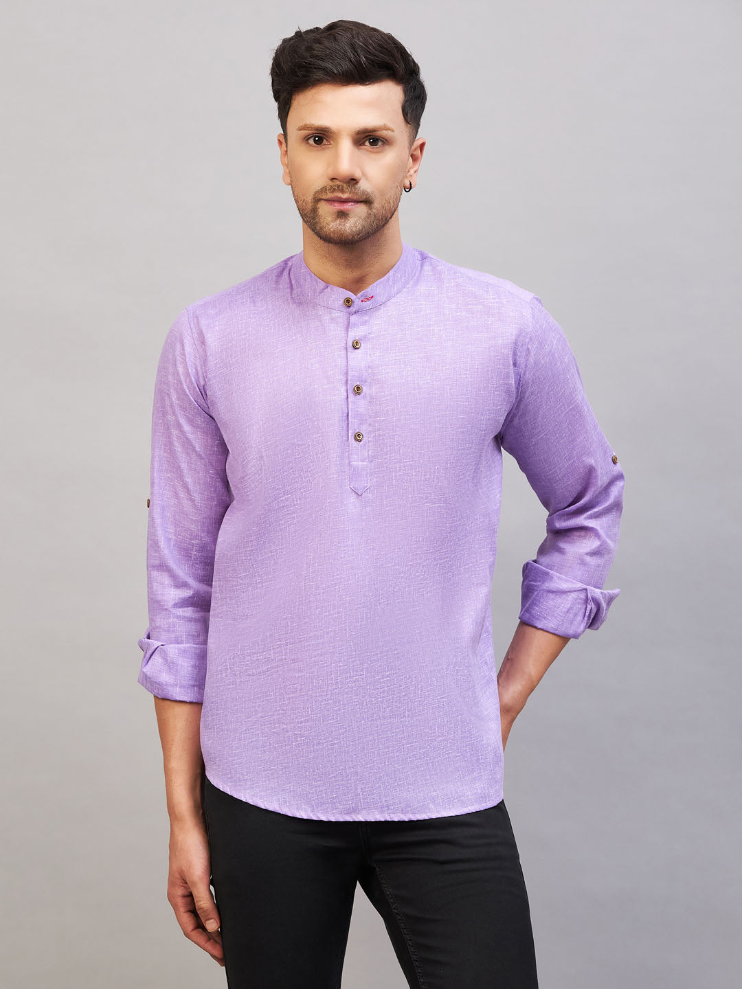 VASTRAMAY Men's Purple Short Cotton Kurta