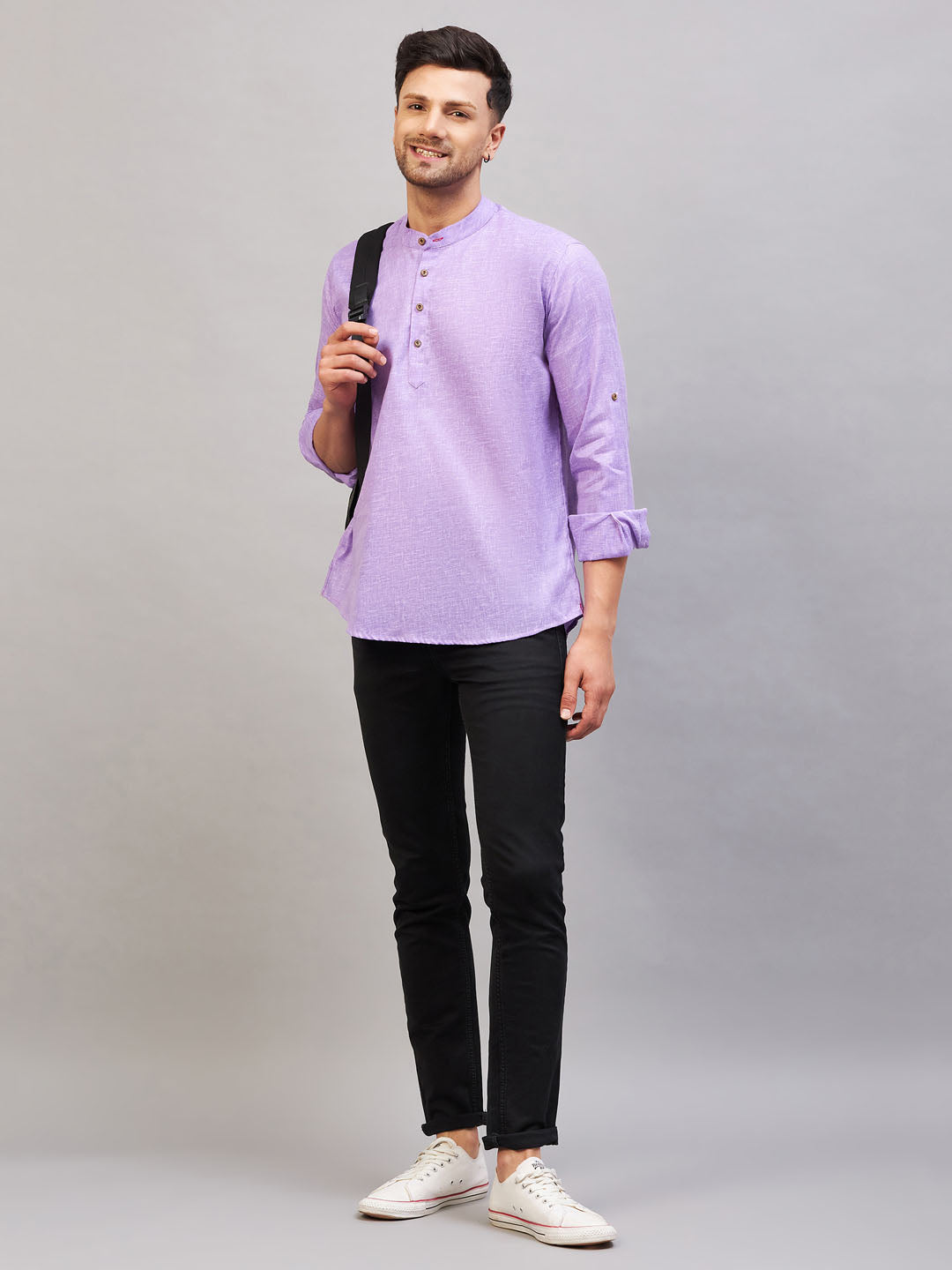 VASTRAMAY Men's Purple Short Cotton Kurta