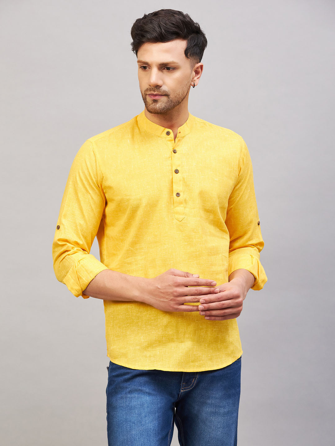 VM BY VASTRAMAY Men's Yellow Short Cotton Kurta