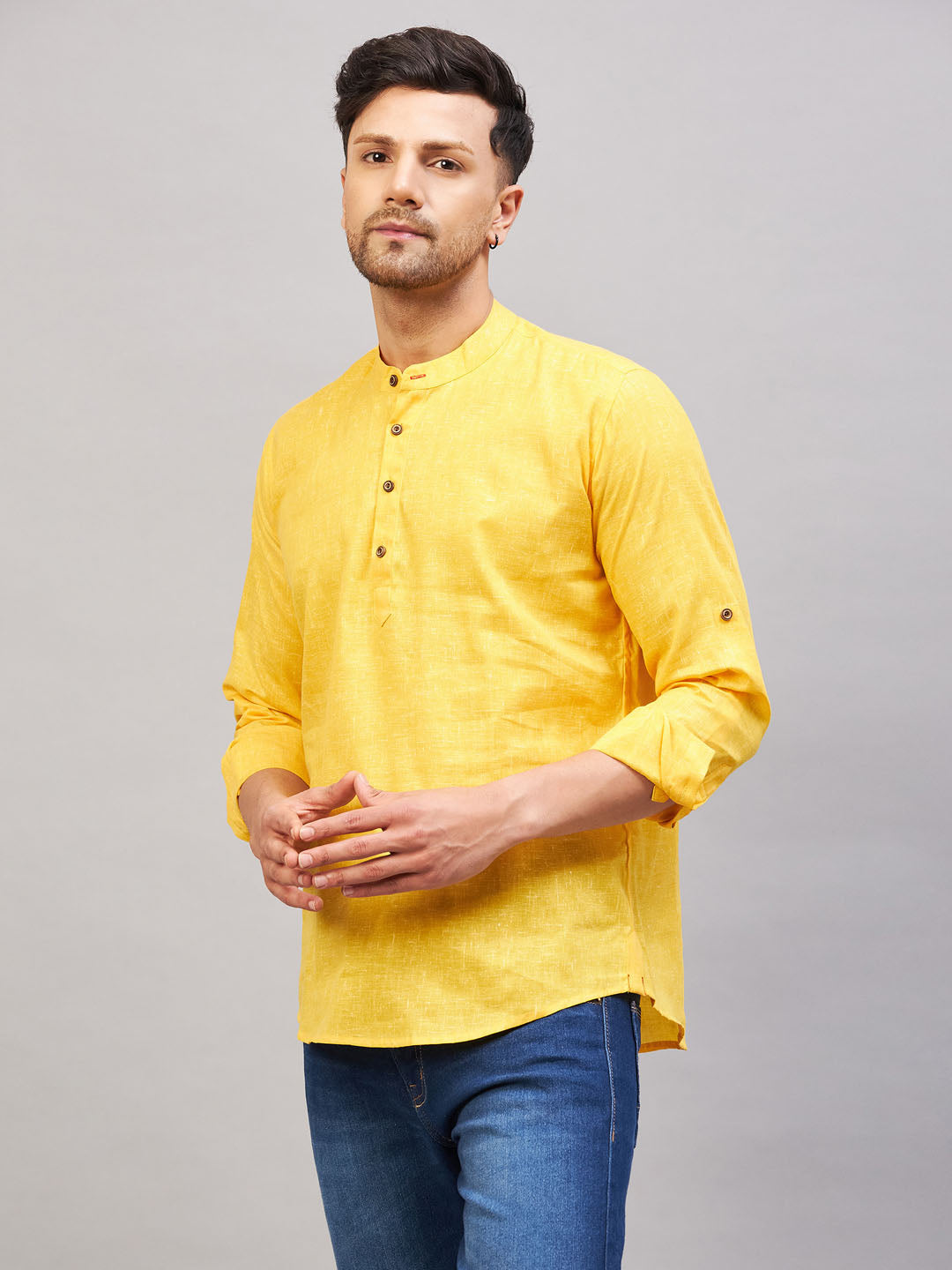 VASTRAMAY Men's Yellow Short Cotton Kurta