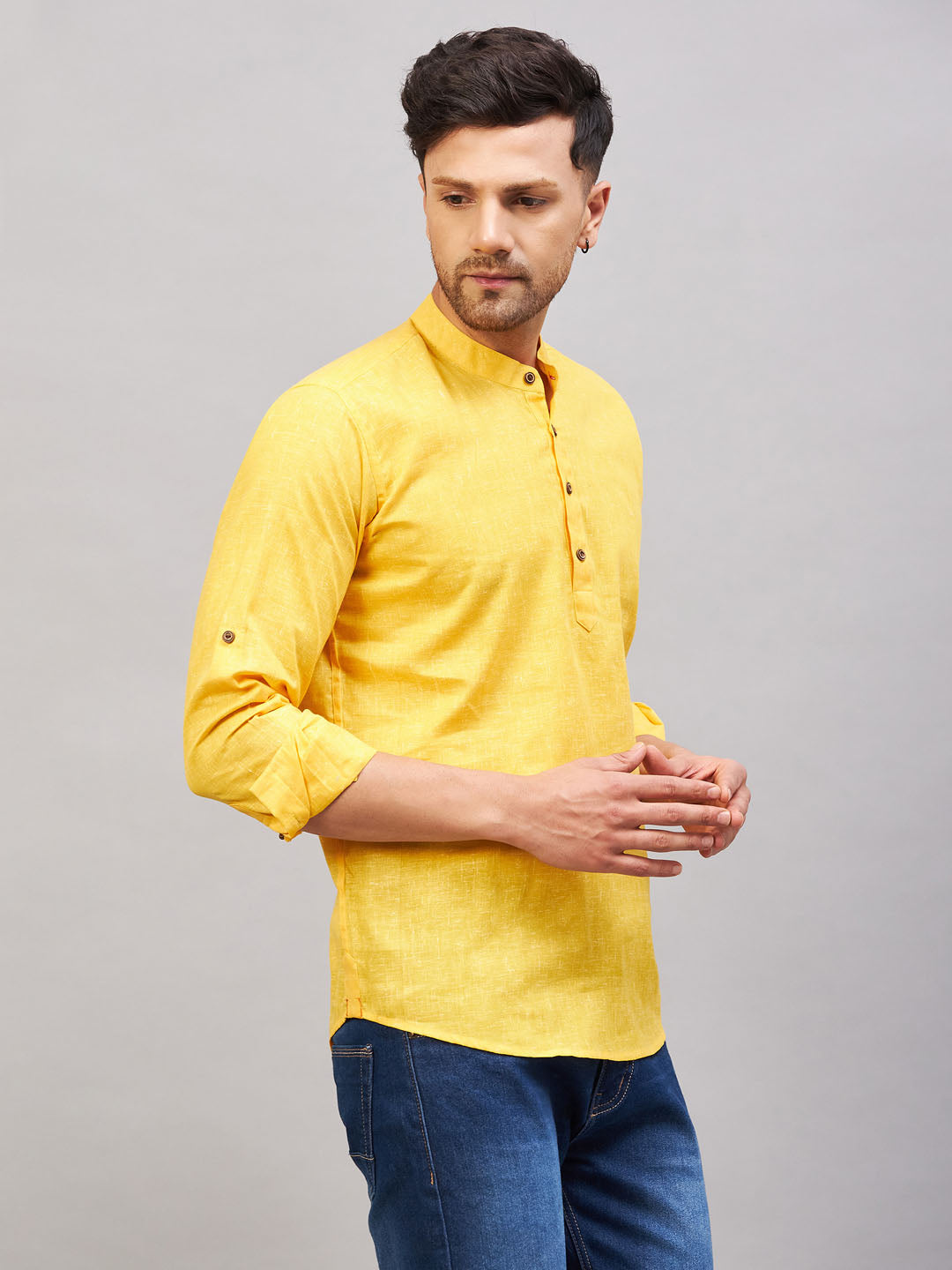 VASTRAMAY Men's Yellow Short Cotton Kurta