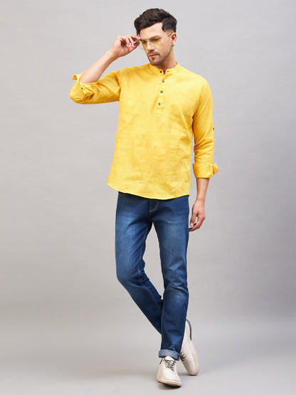 VASTRAMAY Men's Yellow Short Cotton Kurta