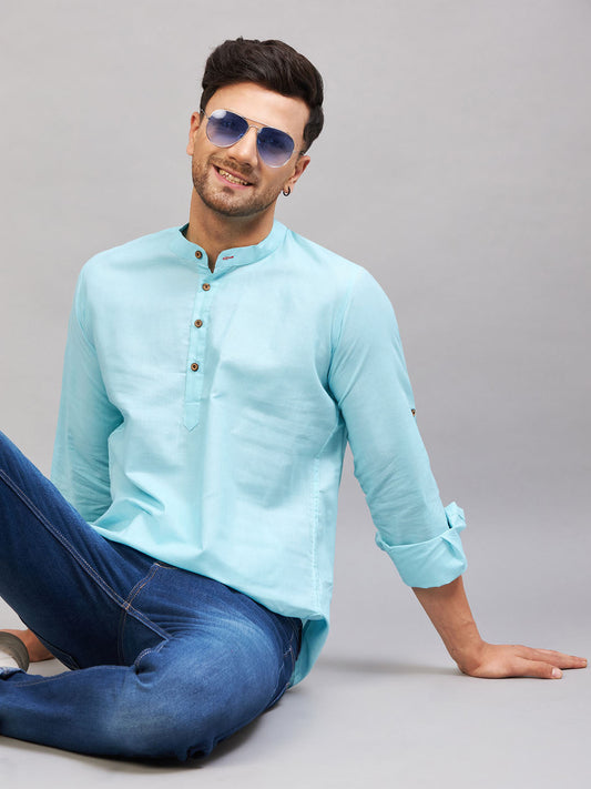 VM BY VASTRAMAY Men's Aqua Short Cotton Kurta