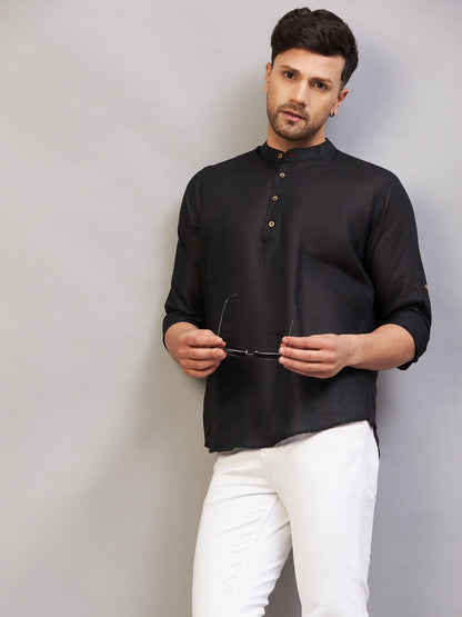 VM BY VASTRAMAY Men's Black Short Cotton Kurta