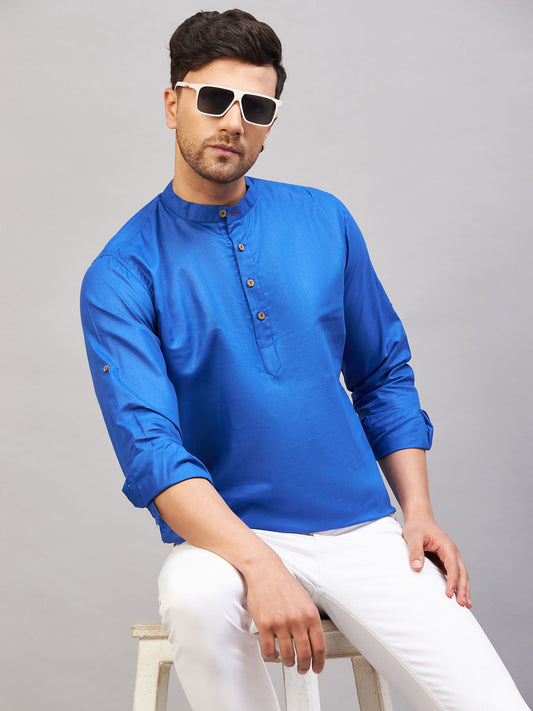 VM BY VASTRAMAY Men's Blue Short Cotton Kurta