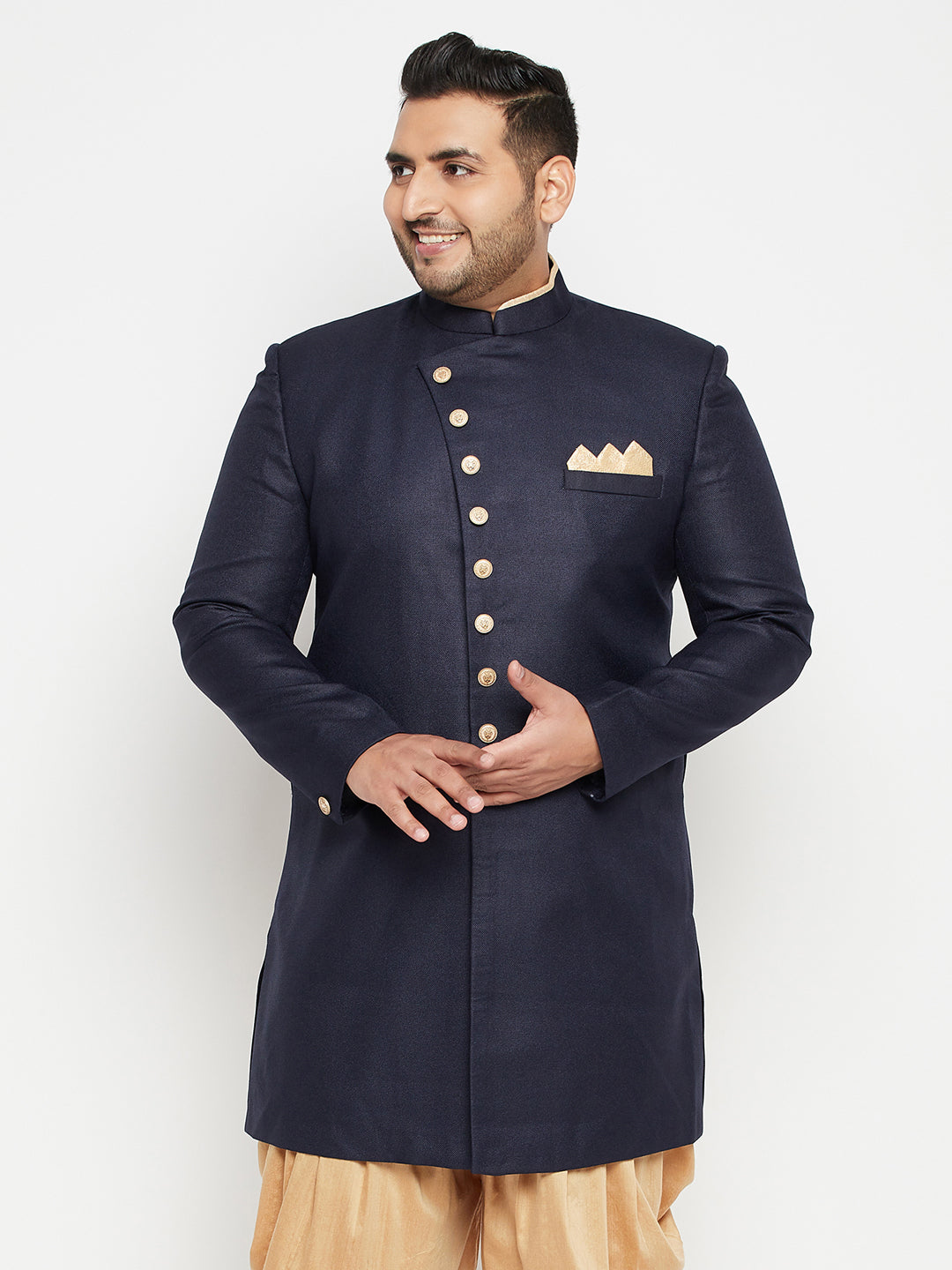 Vastramay mens plus size navy blue slim fit sherwani only top