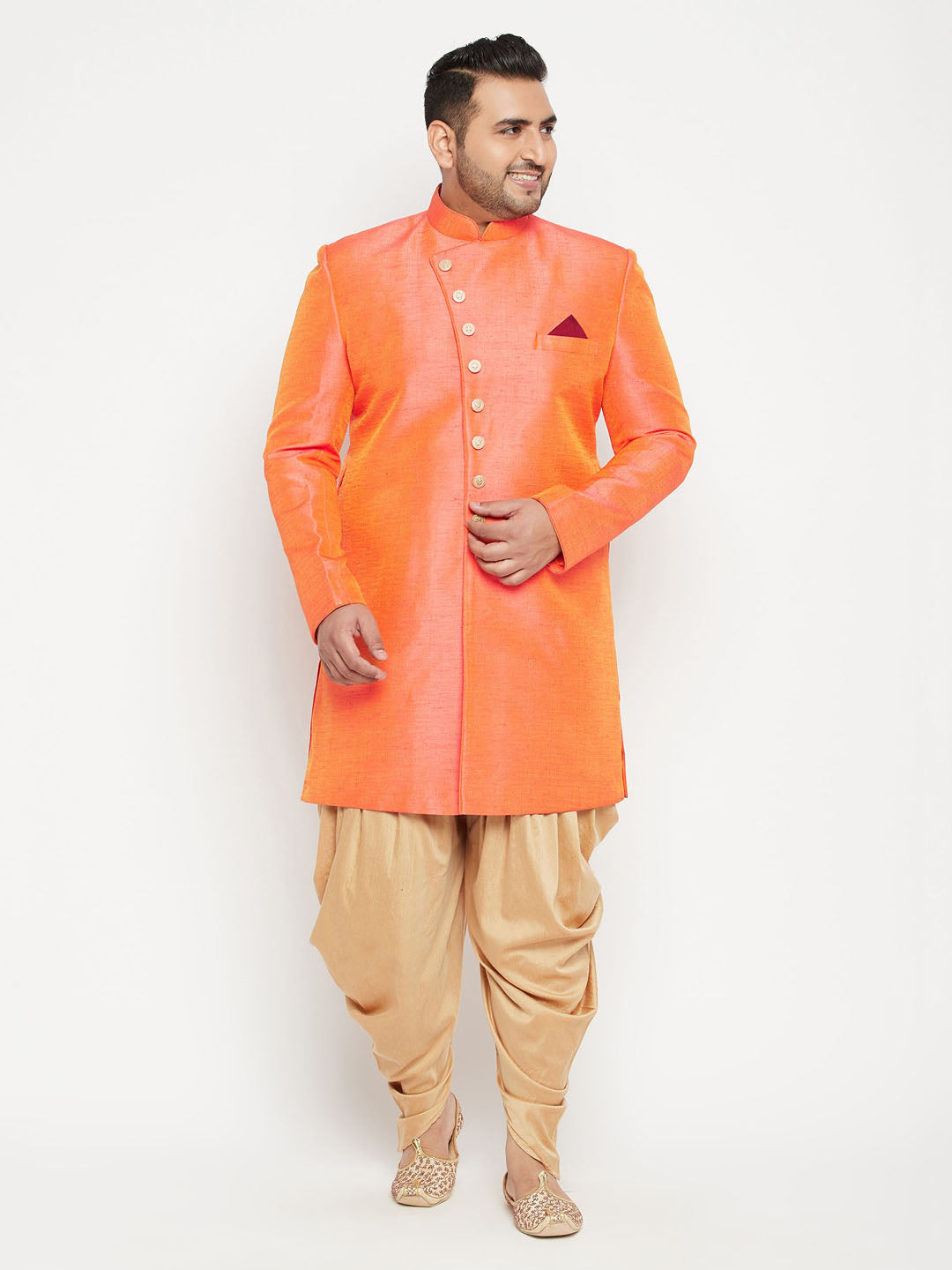 Vastramay mens plus size orange slim fit sherwani only top