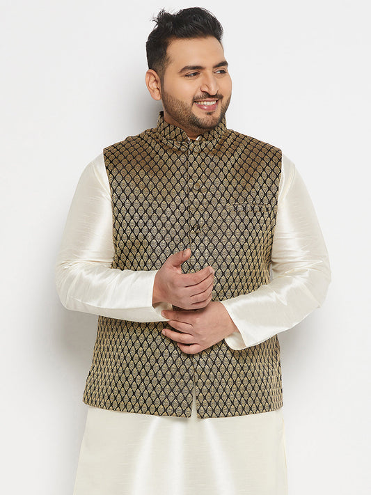 vastramay mens plus size black and gold jacquard nehru jacket