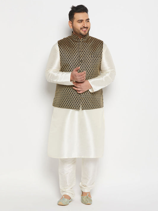 vastramay mens plus size black ethnic jacket with cream silk blend kurta and pant style pyjama set