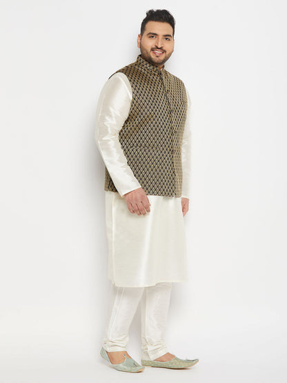 vastramay mens plus size black ethnic jacket with cream silk blend kurta and pant style pyjama set