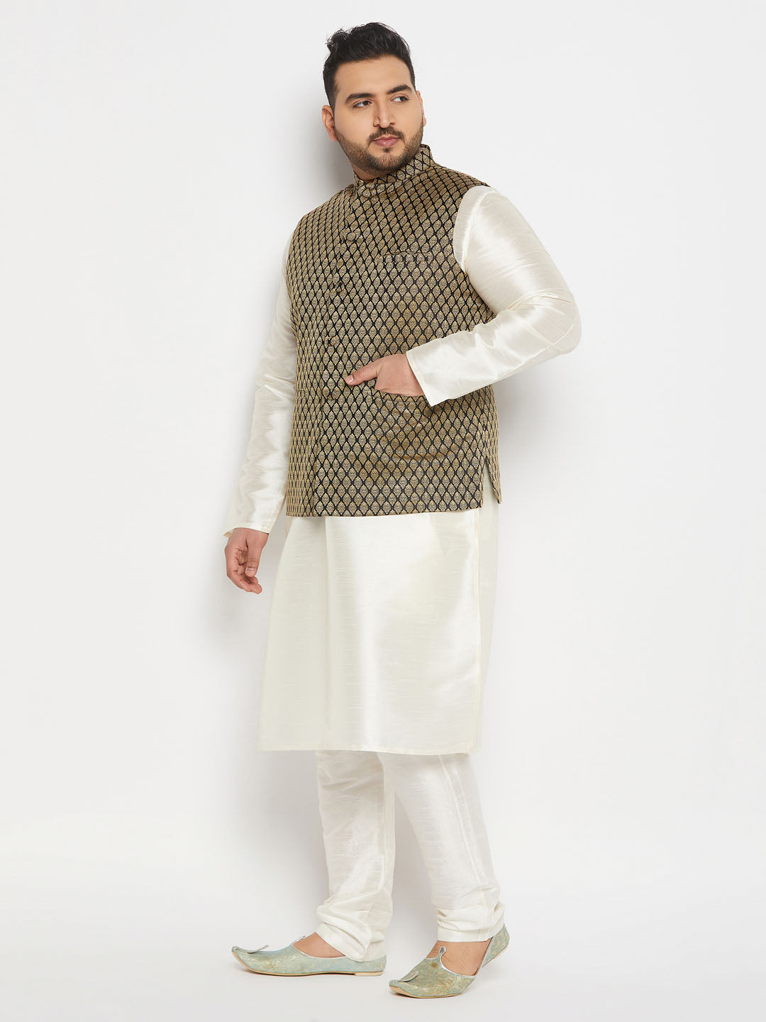 vastramay mens plus size black ethnic jacket with cream silk blend kurta and pant style pyjama set