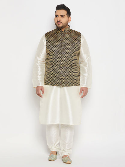 vastramay mens plus size black ethnic jacket with cream silk blend kurta and pant style pyjama set