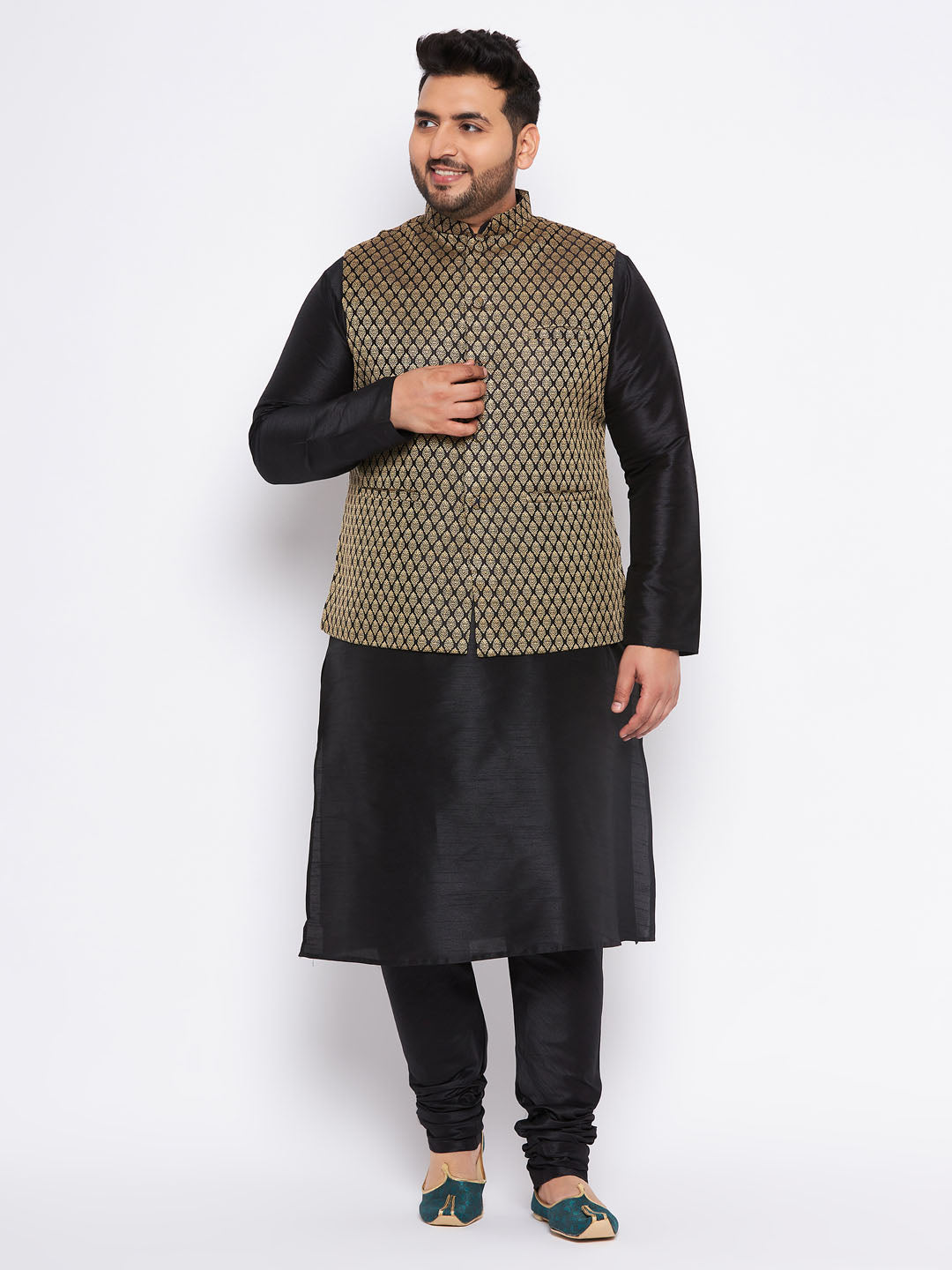 VASTRAMAY Men's Plus Size Black Ethnic Jacket With black Silk Blend Kurta and Pyjama Set