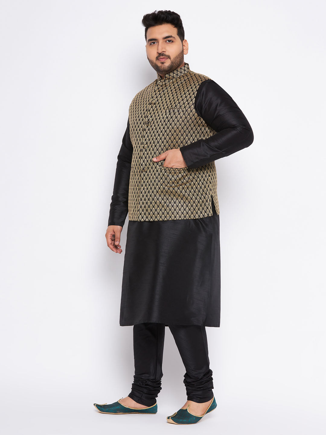 VASTRAMAY Men's Plus Size Black Ethnic Jacket With black Silk Blend Kurta and Pyjama Set