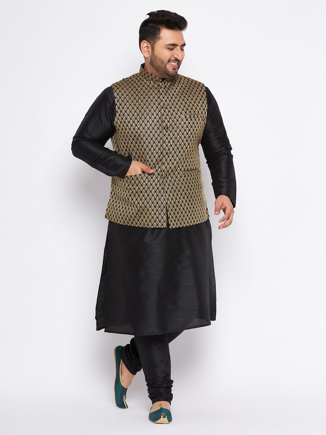 VASTRAMAY Men's Plus Size Black Ethnic Jacket With black Silk Blend Kurta and Pyjama Set