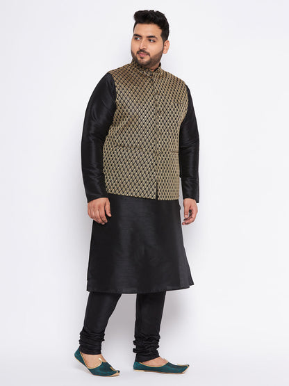 VASTRAMAY Men's Plus Size Black Ethnic Jacket With black Silk Blend Kurta and Pyjama Set