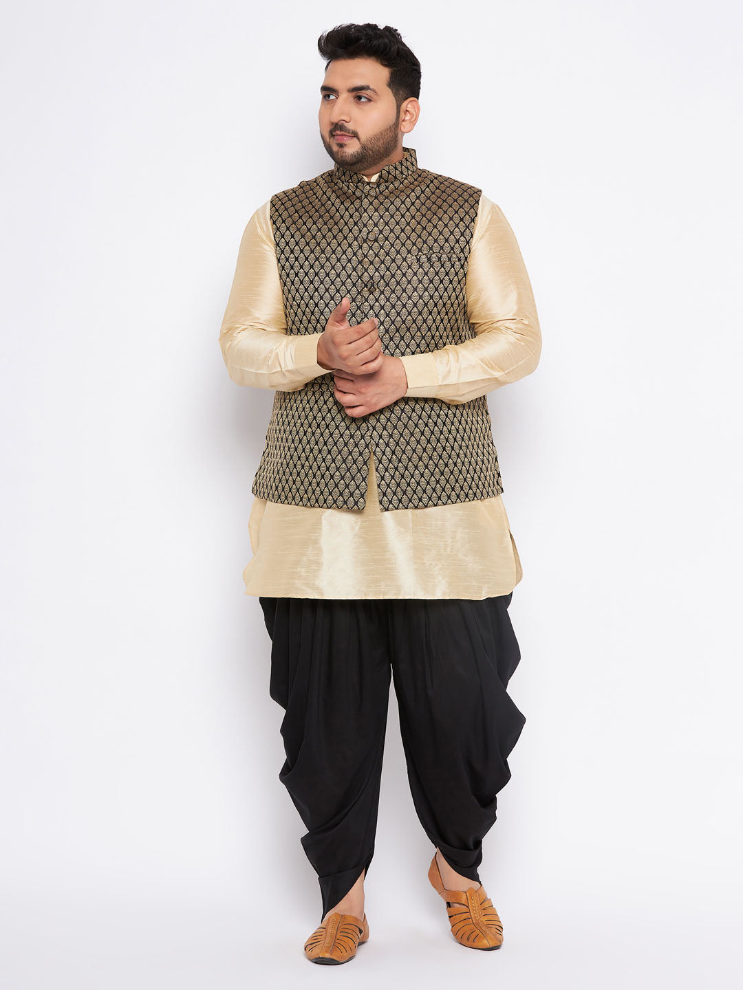 VASTRAMAY Men's Plus Size Black Ethnic Jacket With golden Silk Blend Kurta and black dhoti Set