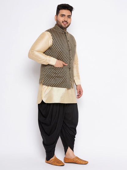 VASTRAMAY Men's Plus Size Black Ethnic Jacket With golden Silk Blend Kurta and black dhoti Set