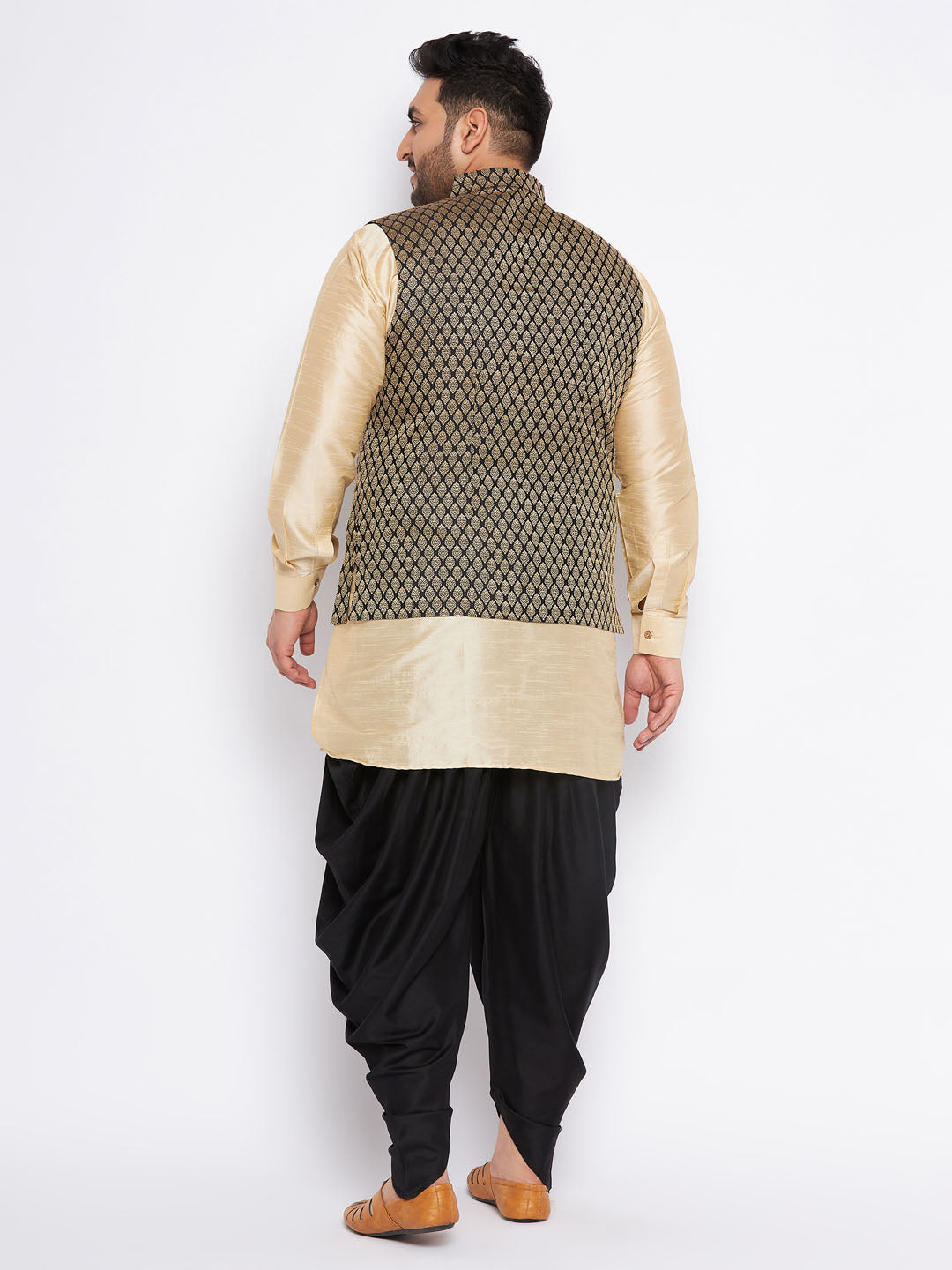 VASTRAMAY Men's Plus Size Black Ethnic Jacket With golden Silk Blend Kurta and black dhoti Set