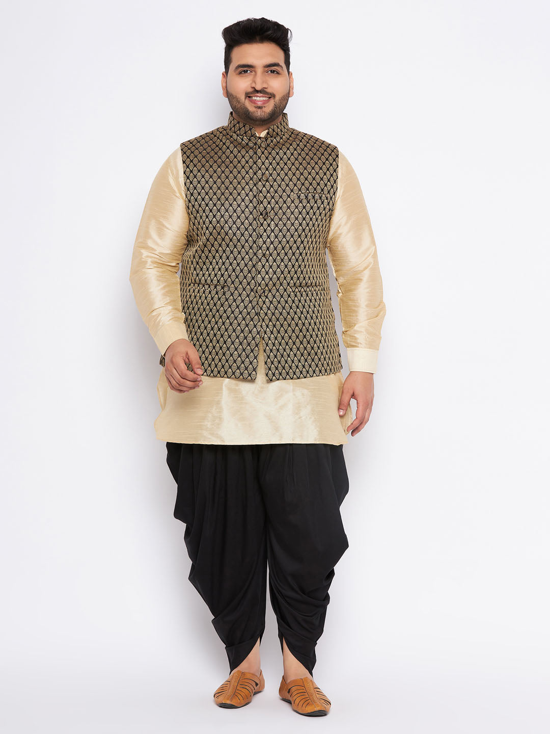 VASTRAMAY Men's Plus Size Black Ethnic Jacket With golden Silk Blend Kurta and black dhoti Set