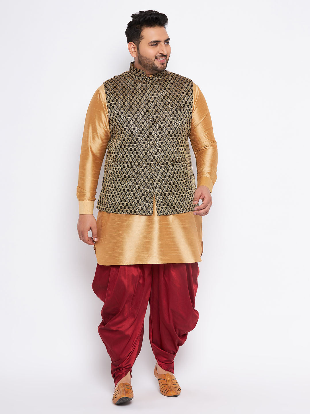 VASTRAMAY Men's Plus Size Black Ethnic Jacket With Rose Gold Silk Blend Kurta and Maroon dhoti Set