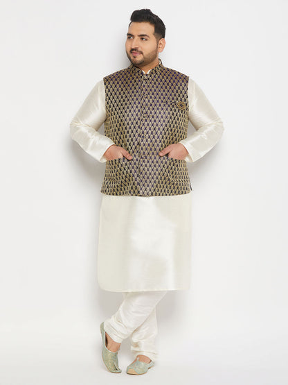 vastramay mens plus size blue ethnic jacket with cream silk blend kurta and pant style pyjama set