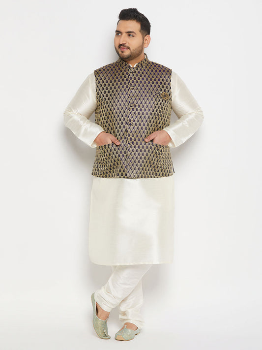 vastramay mens plus size blue ethnic jacket with cream silk blend kurta and pant style pyjama set