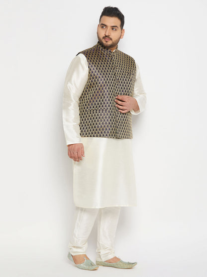 vastramay mens plus size blue ethnic jacket with cream silk blend kurta and pant style pyjama set