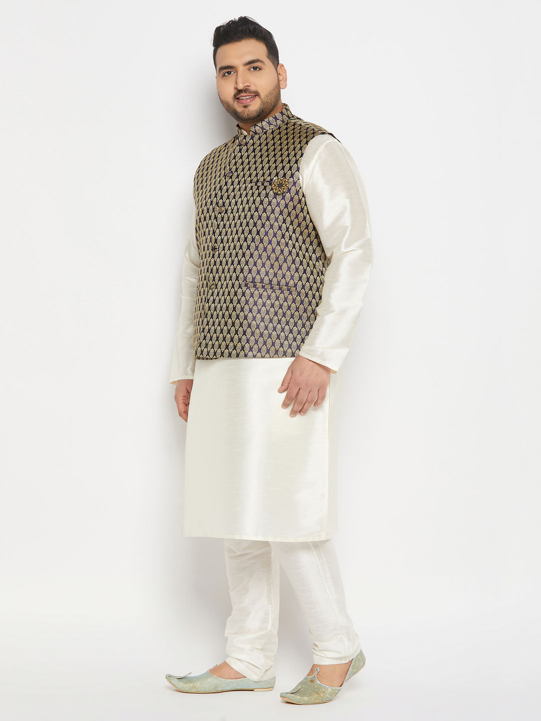 vastramay mens plus size blue ethnic jacket with cream silk blend kurta and pant style pyjama set