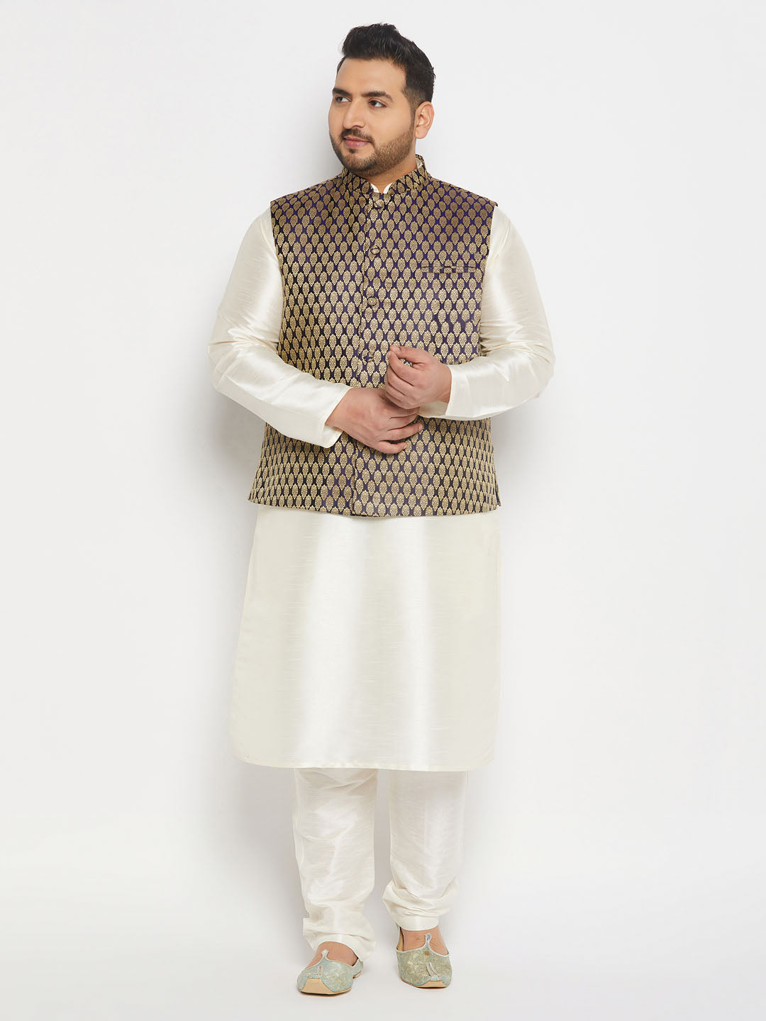 vastramay mens plus size blue ethnic jacket with cream silk blend kurta and pant style pyjama set