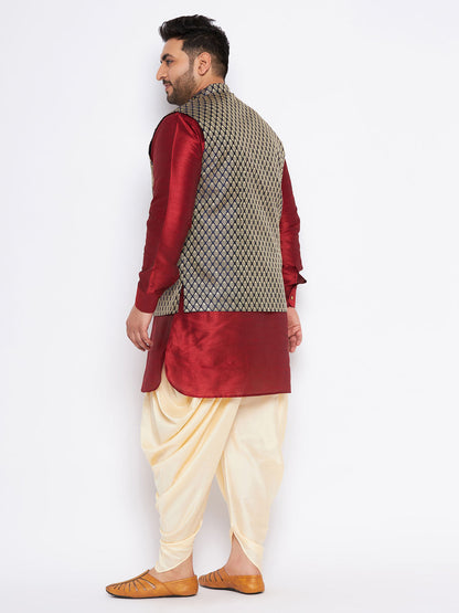 VASTRAMAY Men's Plus Size Navy Blue Woven Jacket With Maroon Kurta And Gold Dhoti Set