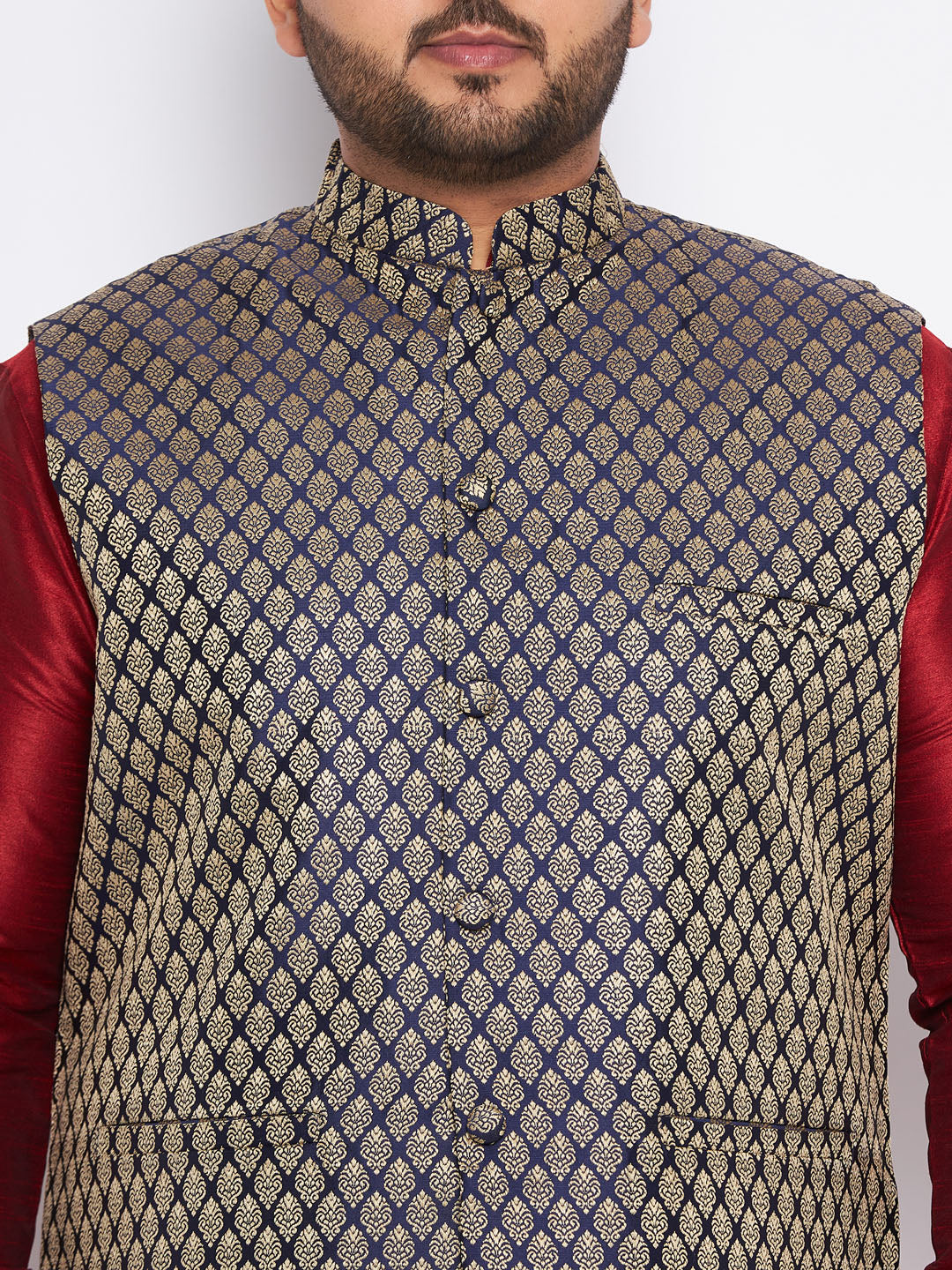 VASTRAMAY Men's Plus Size Navy Blue Woven Jacket With Maroon Kurta And Gold Dhoti Set