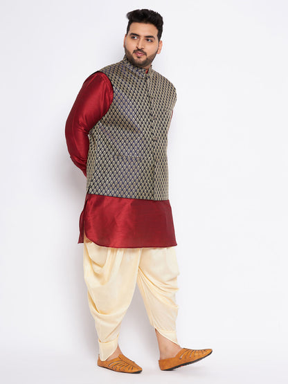 VASTRAMAY Men's Plus Size Navy Blue Woven Jacket With Maroon Kurta And Gold Dhoti Set