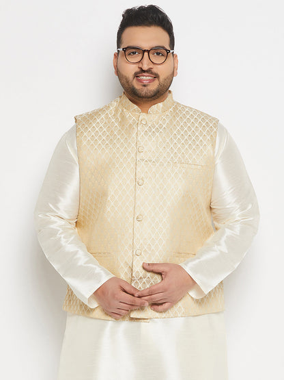 vastramay mens plus size cream and gold jacquard nehru jacket