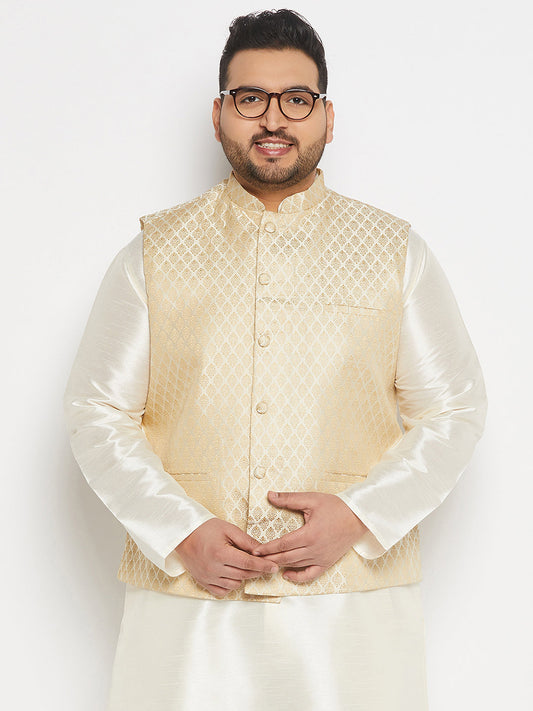 vastramay mens plus size cream and gold jacquard nehru jacket