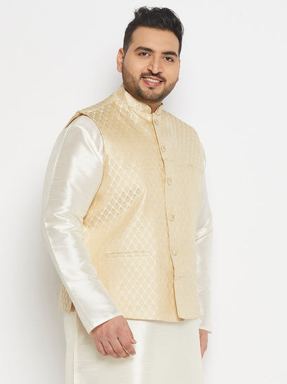 vastramay mens plus size cream and gold jacquard nehru jacket