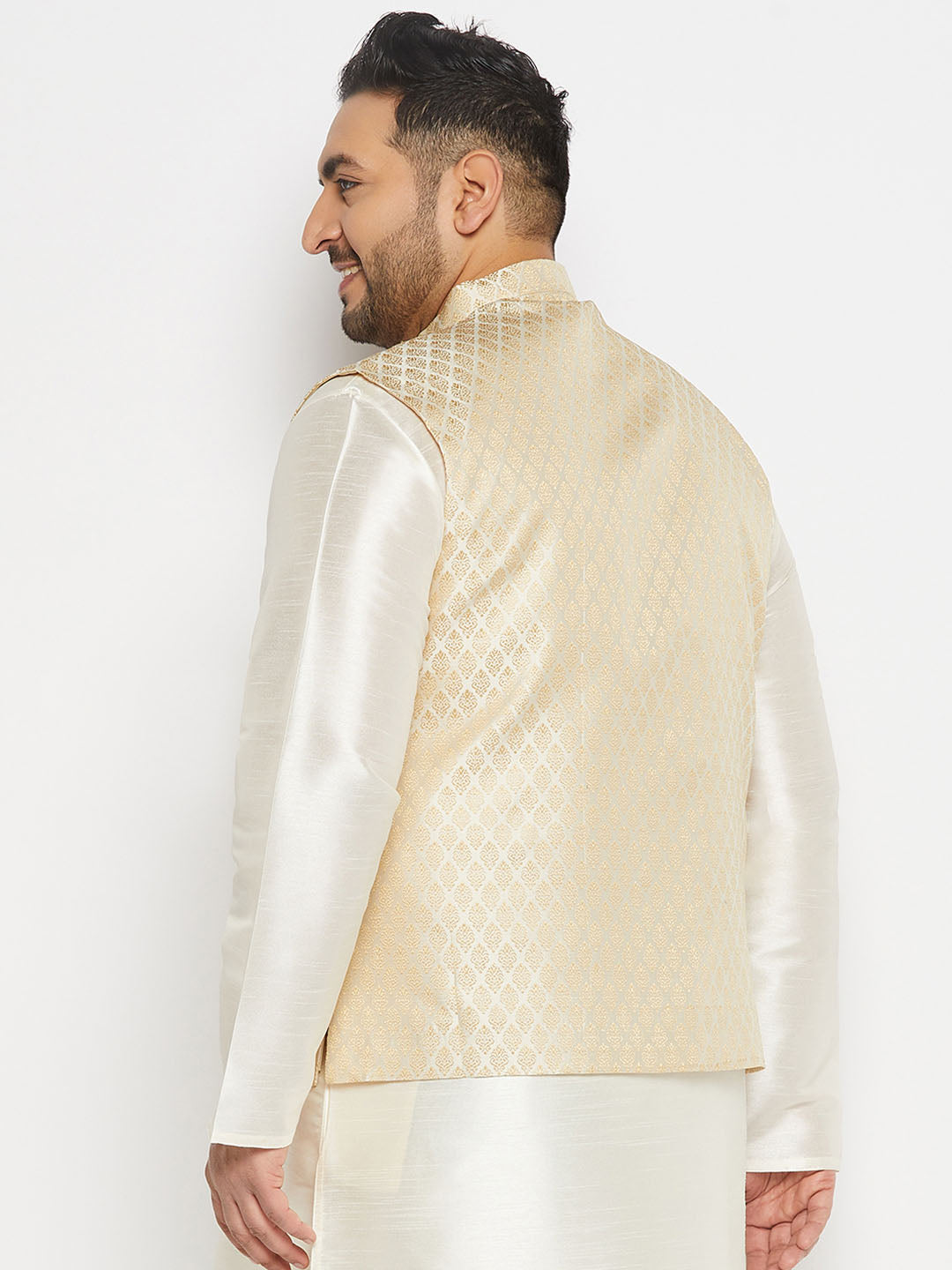 vastramay mens plus size cream and gold jacquard nehru jacket