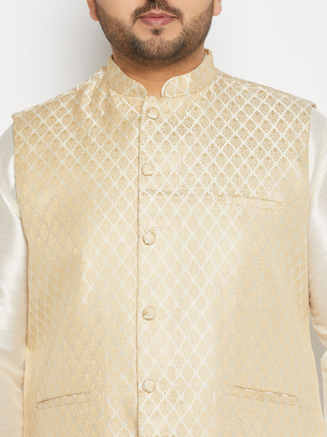 vastramay mens plus size cream and gold jacquard nehru jacket