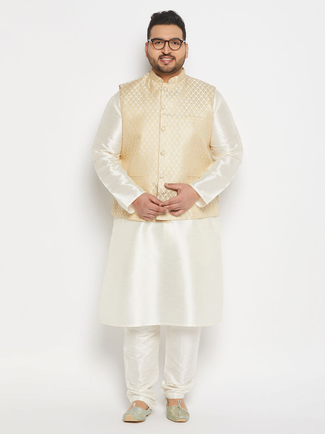 vastramay mens plus size cream and gold jacquard nehru jacket