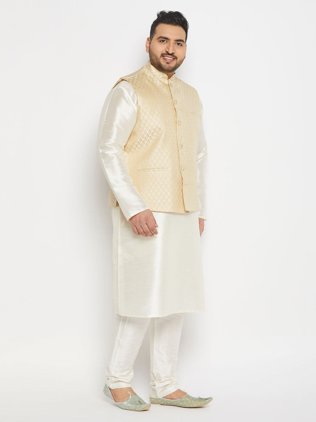 vastramay mens plus size cream ethnic jacket with cream silk blend kurta and pant style pyjama set