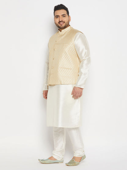 vastramay mens plus size cream ethnic jacket with cream silk blend kurta and pant style pyjama set